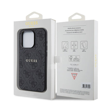 iPhone 15 Pro Kılıf Guess Orjinal Lisanslı M-safe Şarj Özellikli PU Halkalı 4G Desenli Yazı Logolu Kapak