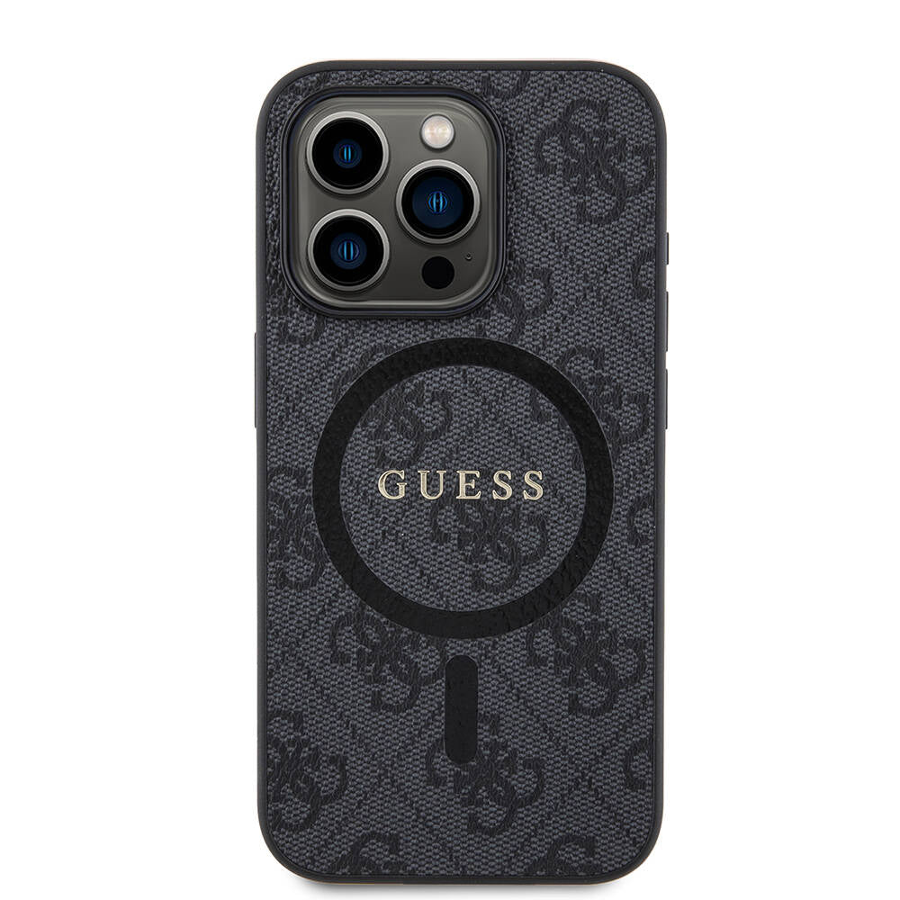 iPhone 15 Pro Kılıf Guess Orjinal Lisanslı M-safe Şarj Özellikli PU Halkalı 4G Desenli Yazı Logolu Kapak