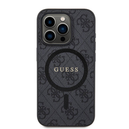 iPhone 15 Pro Kılıf Guess Orjinal Lisanslı M-safe Şarj Özellikli PU Halkalı 4G Desenli Yazı Logolu Kapak