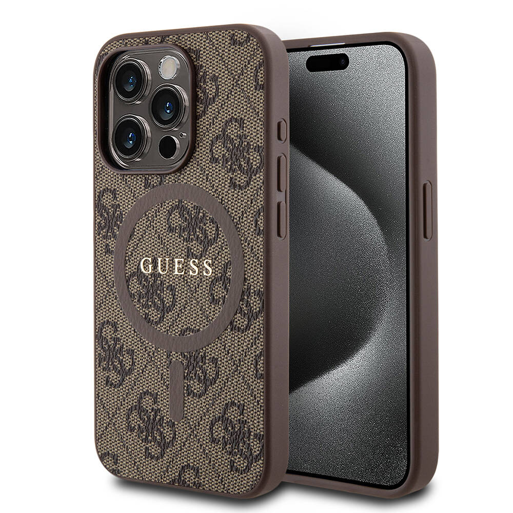 iPhone 15 Pro Kılıf Guess Orjinal Lisanslı M-safe Şarj Özellikli PU Halkalı 4G Desenli Yazı Logolu Kapak