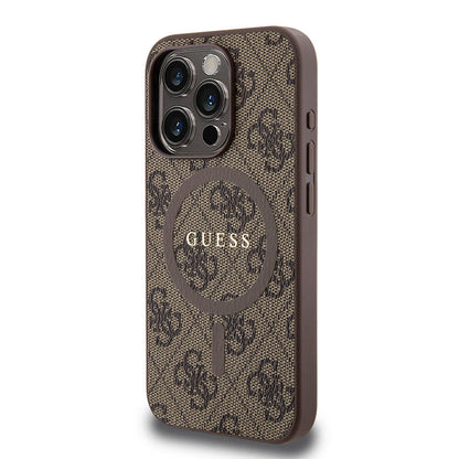 iPhone 15 Pro Kılıf Guess Orjinal Lisanslı M-safe Şarj Özellikli PU Halkalı 4G Desenli Yazı Logolu Kapak