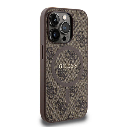 iPhone 15 Pro Kılıf Guess Orjinal Lisanslı M-safe Şarj Özellikli PU Halkalı 4G Desenli Yazı Logolu Kapak
