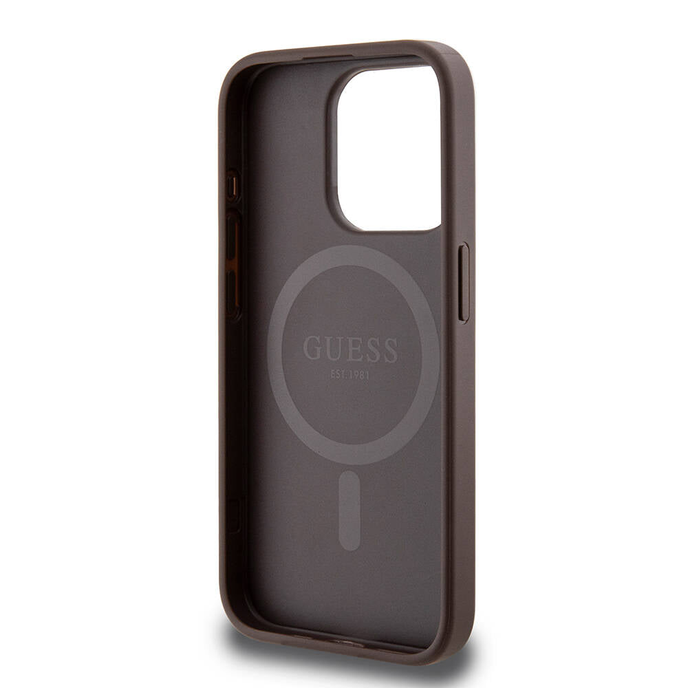 iPhone 15 Pro Kılıf Guess Orjinal Lisanslı M-safe Şarj Özellikli PU Halkalı 4G Desenli Yazı Logolu Kapak