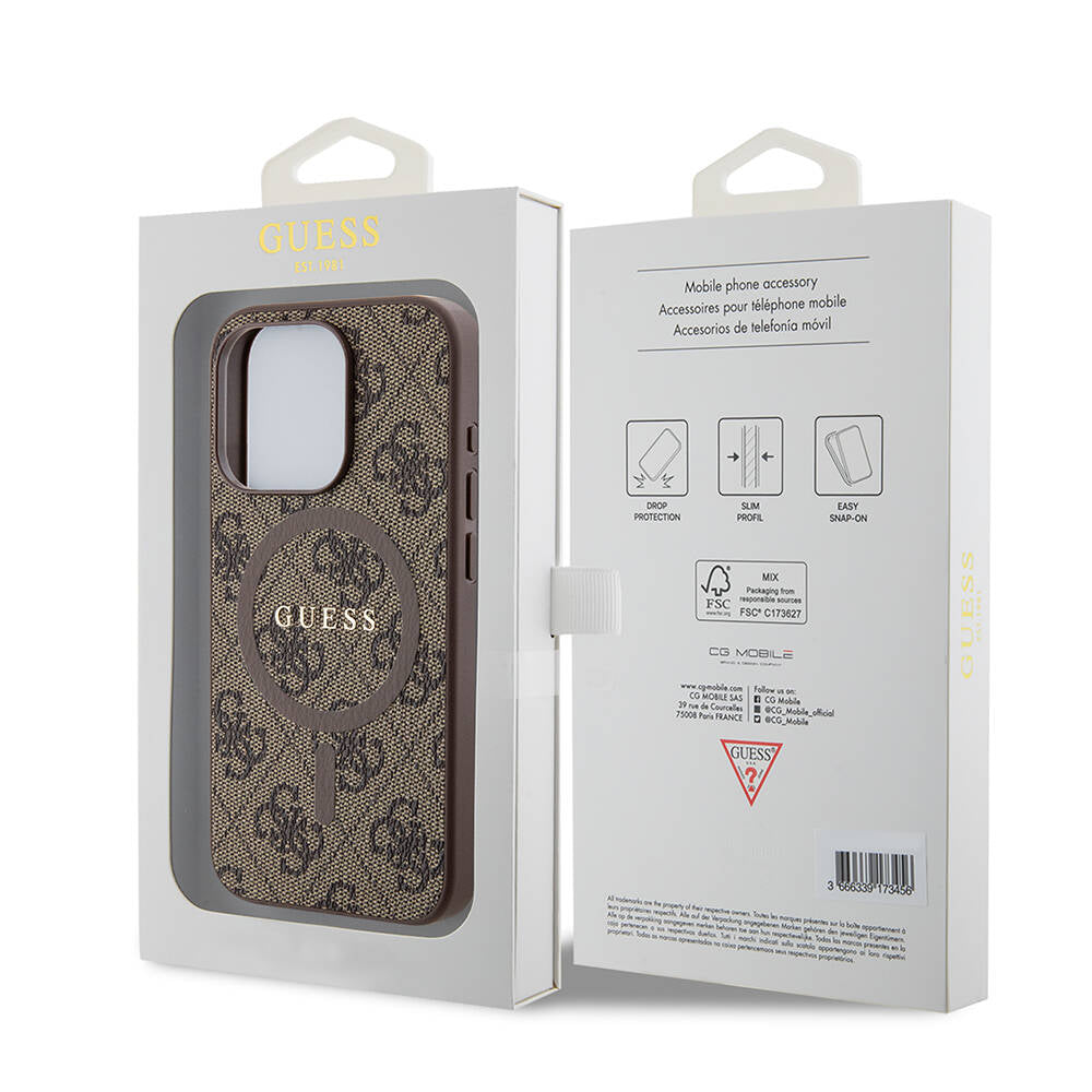 iPhone 15 Pro Kılıf Guess Orjinal Lisanslı M-safe Şarj Özellikli PU Halkalı 4G Desenli Yazı Logolu Kapak