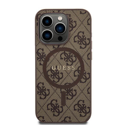 iPhone 15 Pro Kılıf Guess Orjinal Lisanslı M-safe Şarj Özellikli PU Halkalı 4G Desenli Yazı Logolu Kapak