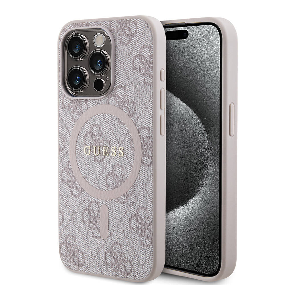 iPhone 15 Pro Kılıf Guess Orjinal Lisanslı M-safe Şarj Özellikli PU Halkalı 4G Desenli Yazı Logolu Kapak