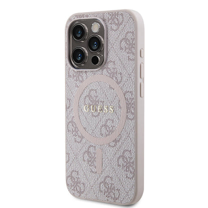 iPhone 15 Pro Kılıf Guess Orjinal Lisanslı M-safe Şarj Özellikli PU Halkalı 4G Desenli Yazı Logolu Kapak