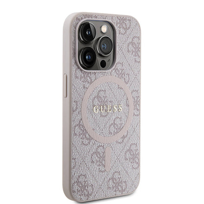 iPhone 15 Pro Kılıf Guess Orjinal Lisanslı M-safe Şarj Özellikli PU Halkalı 4G Desenli Yazı Logolu Kapak