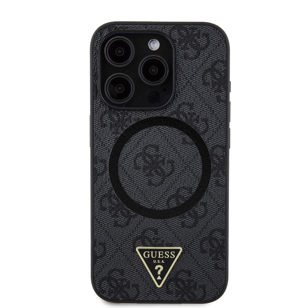 iPhone 15 Pro Kılıf Guess Orjinal Lisanslı M-safe Şarj Özellikli PU Üçgen Logo 4G Desenli Kapak