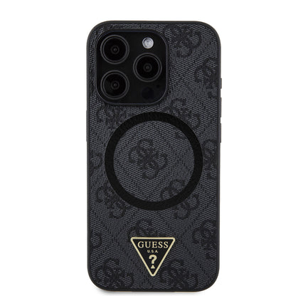 iPhone 15 Pro Kılıf Guess Orjinal Lisanslı M-safe Şarj Özellikli PU Üçgen Logo 4G Desenli Kapak