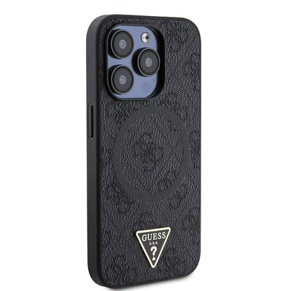 iPhone 15 Pro Kılıf Guess Orjinal Lisanslı M-safe Şarj Özellikli PU Üçgen Logo 4G Desenli Kapak