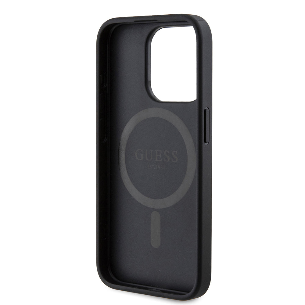iPhone 15 Pro Kılıf Guess Orjinal Lisanslı M-safe Şarj Özellikli PU Üçgen Logo 4G Desenli Kapak