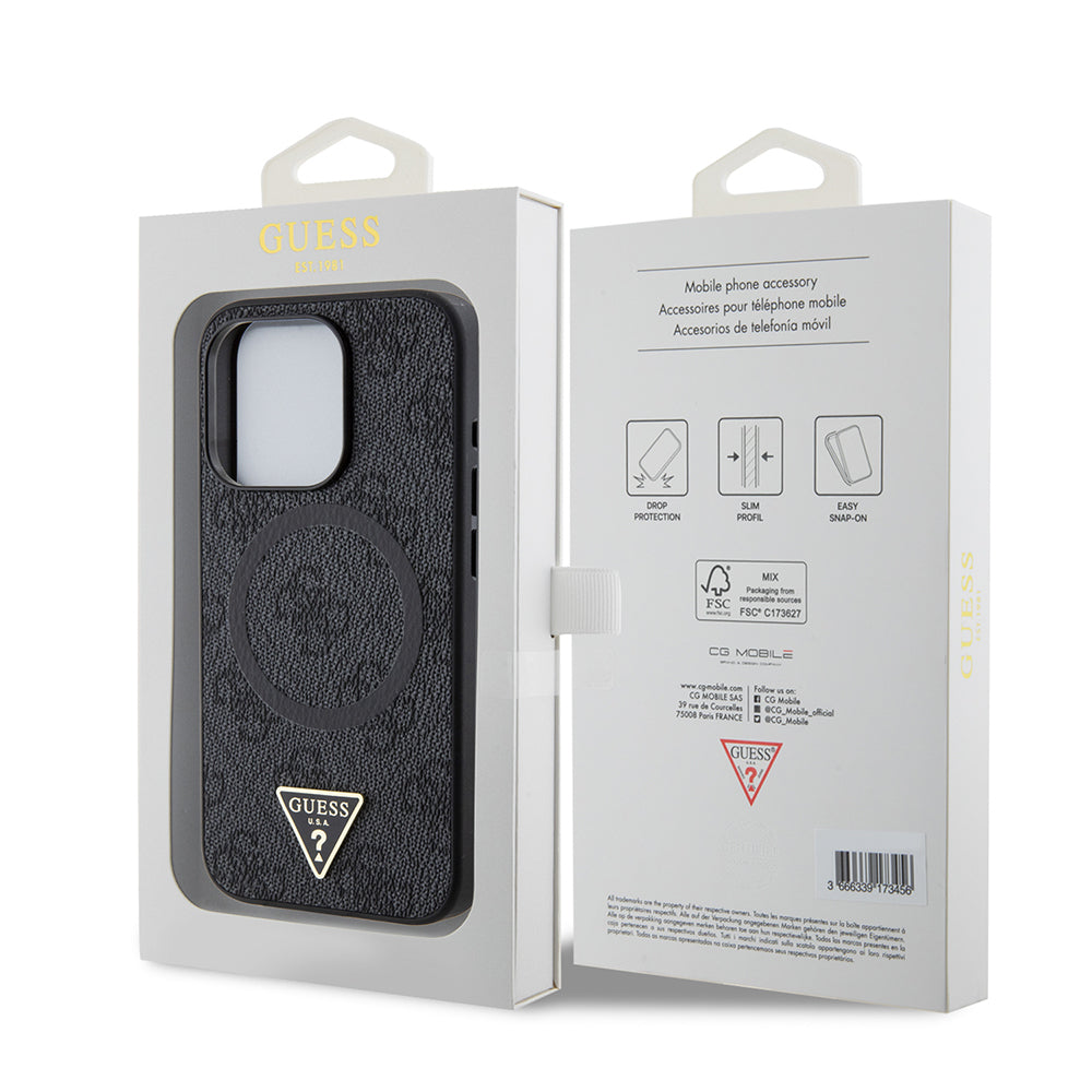 iPhone 15 Pro Kılıf Guess Orjinal Lisanslı M-safe Şarj Özellikli PU Üçgen Logo 4G Desenli Kapak