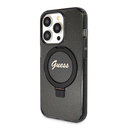 iPhone 15 Pro Kılıf Guess Orjinal Lisanslı M-safe Şarj Özellikli Simli Arka Yüzey Ring Standlı Kapak