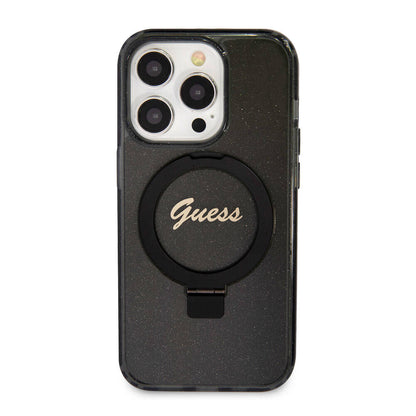 iPhone 15 Pro Kılıf Guess Orjinal Lisanslı M-safe Şarj Özellikli Simli Arka Yüzey Ring Standlı Kapak