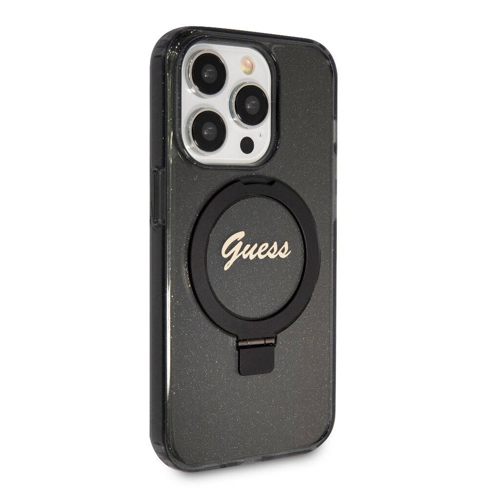 iPhone 15 Pro Kılıf Guess Orjinal Lisanslı M-safe Şarj Özellikli Simli Arka Yüzey Ring Standlı Kapak