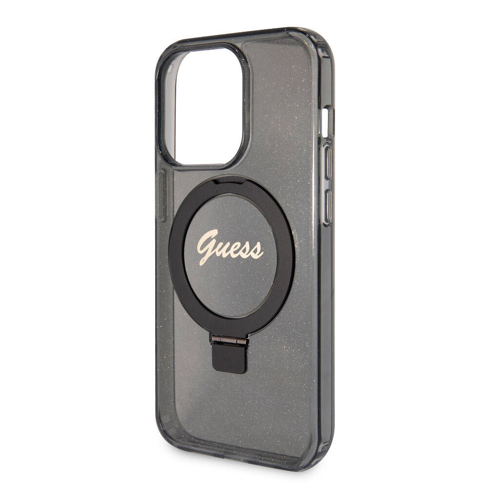 iPhone 15 Pro Kılıf Guess Orjinal Lisanslı M-safe Şarj Özellikli Simli Arka Yüzey Ring Standlı Kapak