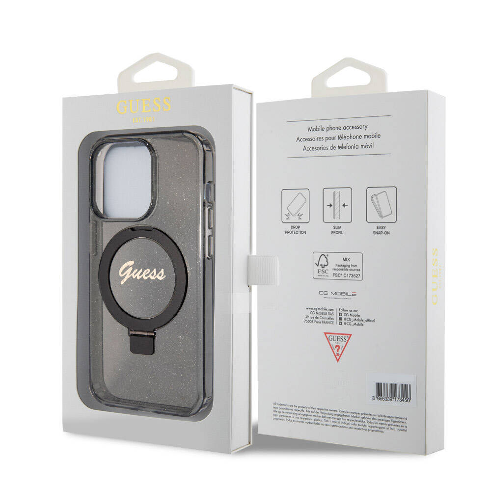 iPhone 15 Pro Kılıf Guess Orjinal Lisanslı M-safe Şarj Özellikli Simli Arka Yüzey Ring Standlı Kapak