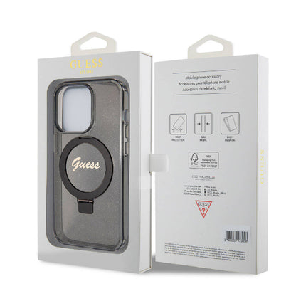 iPhone 15 Pro Kılıf Guess Orjinal Lisanslı M-safe Şarj Özellikli Simli Arka Yüzey Ring Standlı Kapak