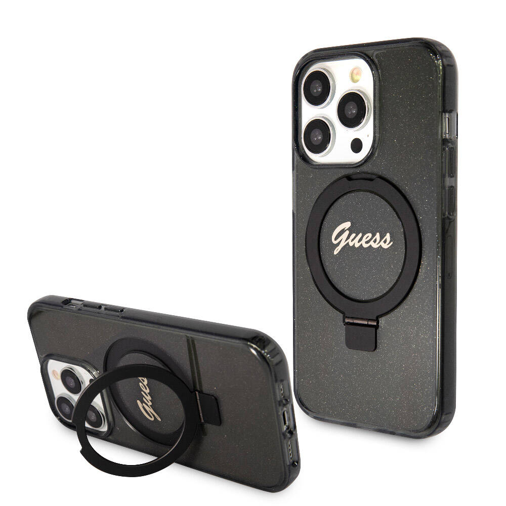 iPhone 15 Pro Kılıf Guess Orjinal Lisanslı M-safe Şarj Özellikli Simli Arka Yüzey Ring Standlı Kapak