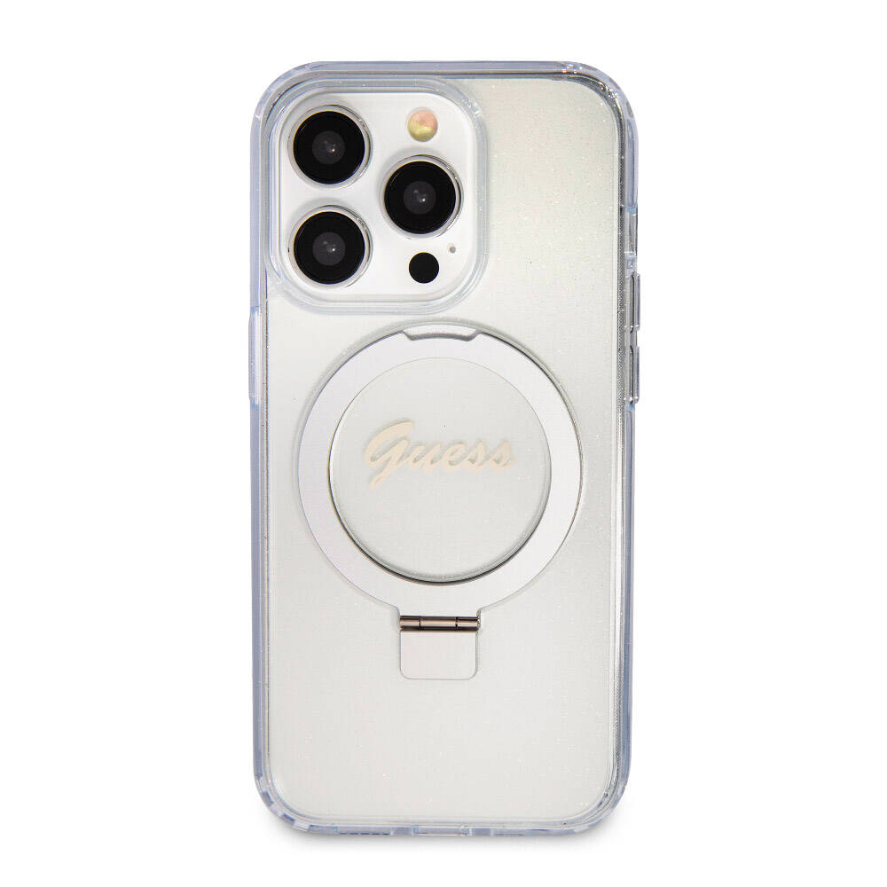 iPhone 15 Pro Kılıf Guess Orjinal Lisanslı M-safe Şarj Özellikli Simli Arka Yüzey Ring Standlı Kapak