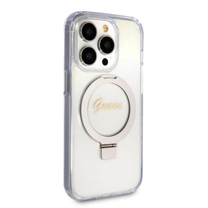 iPhone 15 Pro Kılıf Guess Orjinal Lisanslı M-safe Şarj Özellikli Simli Arka Yüzey Ring Standlı Kapak
