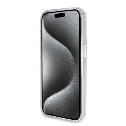 iPhone 15 Pro Kılıf Guess Orjinal Lisanslı M-safe Şarj Özellikli Simli Arka Yüzey Ring Standlı Kapak