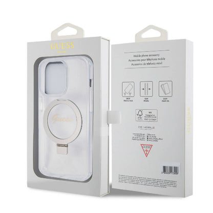 iPhone 15 Pro Kılıf Guess Orjinal Lisanslı M-safe Şarj Özellikli Simli Arka Yüzey Ring Standlı Kapak