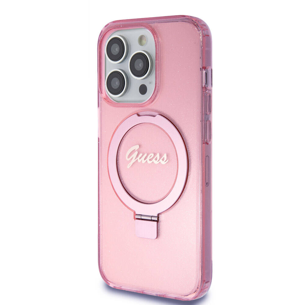 iPhone 15 Pro Kılıf Guess Orjinal Lisanslı M-safe Şarj Özellikli Simli Arka Yüzey Ring Standlı Kapak