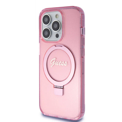 iPhone 15 Pro Kılıf Guess Orjinal Lisanslı M-safe Şarj Özellikli Simli Arka Yüzey Ring Standlı Kapak