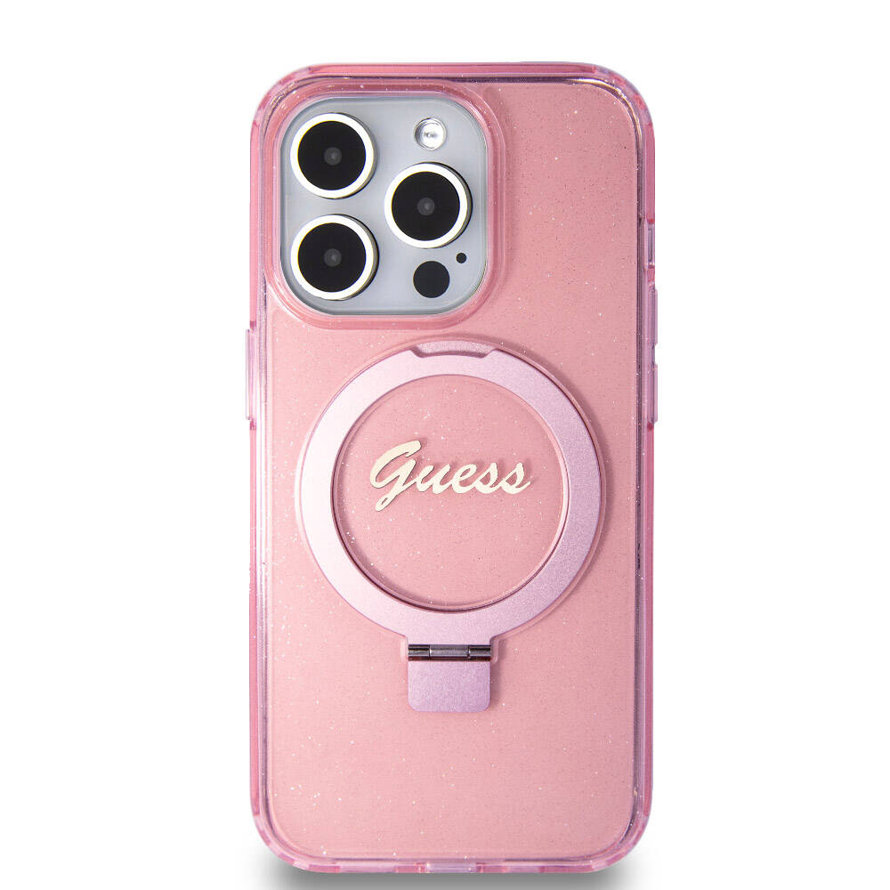 iPhone 15 Pro Kılıf Guess Orjinal Lisanslı M-safe Şarj Özellikli Simli Arka Yüzey Ring Standlı Kapak