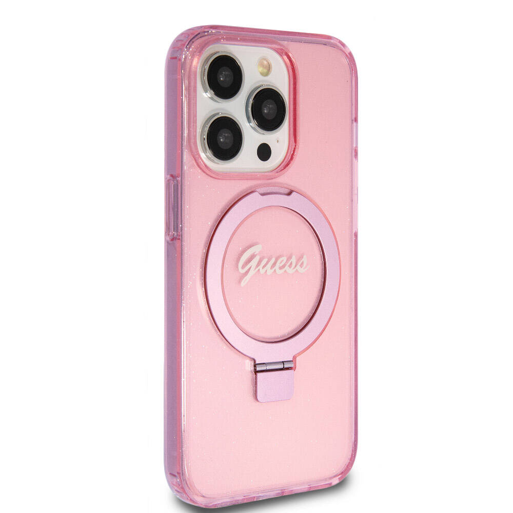 iPhone 15 Pro Kılıf Guess Orjinal Lisanslı M-safe Şarj Özellikli Simli Arka Yüzey Ring Standlı Kapak