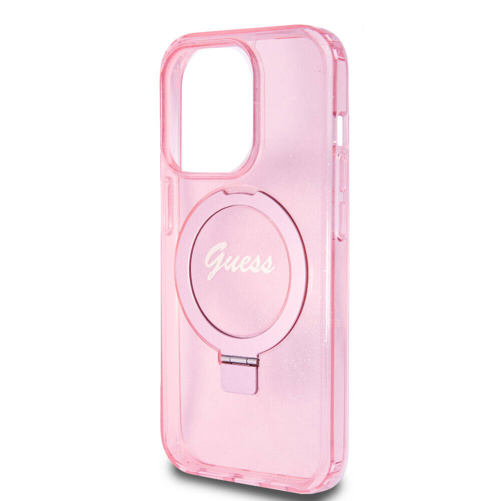 iPhone 15 Pro Kılıf Guess Orjinal Lisanslı M-safe Şarj Özellikli Simli Arka Yüzey Ring Standlı Kapak