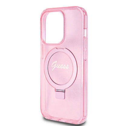 iPhone 15 Pro Kılıf Guess Orjinal Lisanslı M-safe Şarj Özellikli Simli Arka Yüzey Ring Standlı Kapak