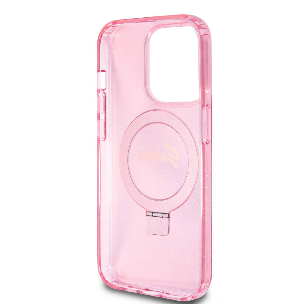 iPhone 15 Pro Kılıf Guess Orjinal Lisanslı M-safe Şarj Özellikli Simli Arka Yüzey Ring Standlı Kapak