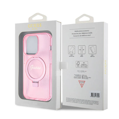 iPhone 15 Pro Kılıf Guess Orjinal Lisanslı M-safe Şarj Özellikli Simli Arka Yüzey Ring Standlı Kapak