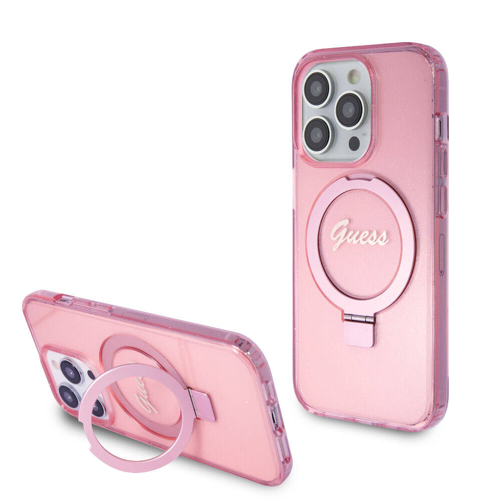 iPhone 15 Pro Kılıf Guess Orjinal Lisanslı M-safe Şarj Özellikli Simli Arka Yüzey Ring Standlı Kapak