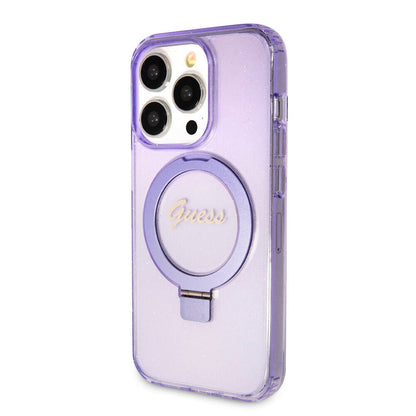 iPhone 15 Pro Kılıf Guess Orjinal Lisanslı M-safe Şarj Özellikli Simli Arka Yüzey Ring Standlı Kapak