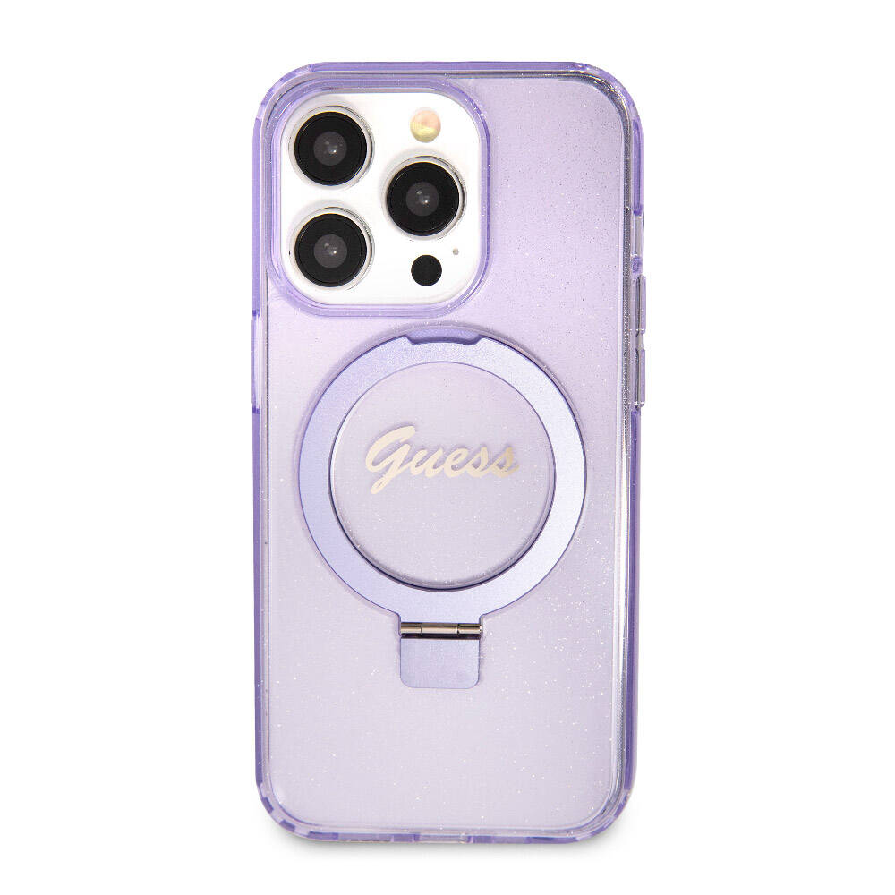 iPhone 15 Pro Kılıf Guess Orjinal Lisanslı M-safe Şarj Özellikli Simli Arka Yüzey Ring Standlı Kapak