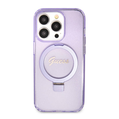 iPhone 15 Pro Kılıf Guess Orjinal Lisanslı M-safe Şarj Özellikli Simli Arka Yüzey Ring Standlı Kapak
