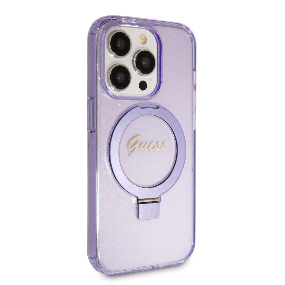iPhone 15 Pro Kılıf Guess Orjinal Lisanslı M-safe Şarj Özellikli Simli Arka Yüzey Ring Standlı Kapak