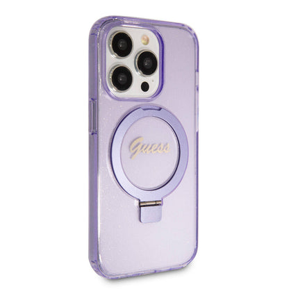 iPhone 15 Pro Kılıf Guess Orjinal Lisanslı M-safe Şarj Özellikli Simli Arka Yüzey Ring Standlı Kapak