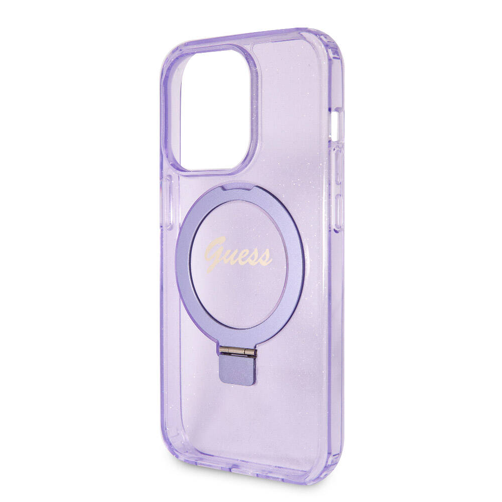 iPhone 15 Pro Kılıf Guess Orjinal Lisanslı M-safe Şarj Özellikli Simli Arka Yüzey Ring Standlı Kapak
