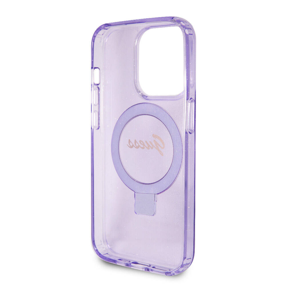 iPhone 15 Pro Kılıf Guess Orjinal Lisanslı M-safe Şarj Özellikli Simli Arka Yüzey Ring Standlı Kapak
