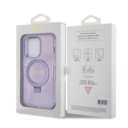 iPhone 15 Pro Kılıf Guess Orjinal Lisanslı M-safe Şarj Özellikli Simli Arka Yüzey Ring Standlı Kapak