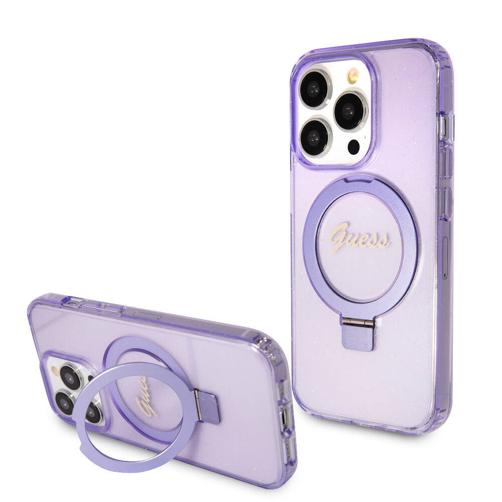iPhone 15 Pro Kılıf Guess Orjinal Lisanslı M-safe Şarj Özellikli Simli Arka Yüzey Ring Standlı Kapak