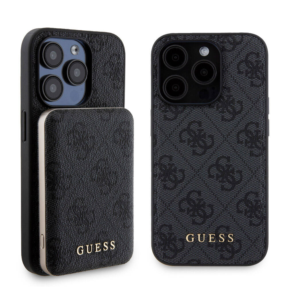 iPhone 15 Pro Kılıf Guess Orjinal Lisanslı M-safe Şarj Özellikli Yazı Logolu 4G Desenli Kapak + Powerbank 5000mAh 2in1 Set