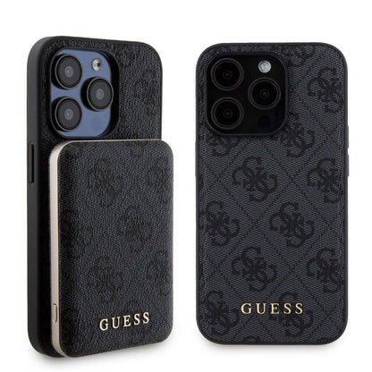 iPhone 15 Pro Kılıf Guess Orjinal Lisanslı M-safe Şarj Özellikli Yazı Logolu 4G Desenli Kapak + Powerbank 5000mAh 2in1 Set