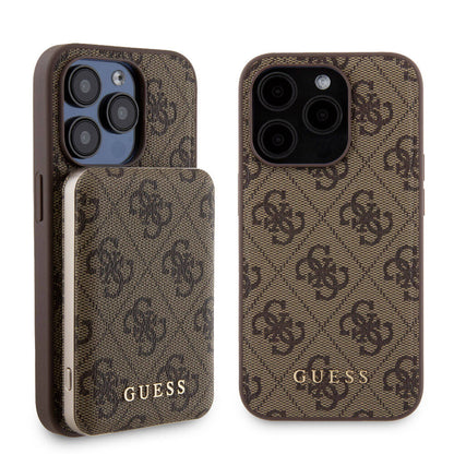 iPhone 15 Pro Kılıf Guess Orjinal Lisanslı M-safe Şarj Özellikli Yazı Logolu 4G Desenli Kapak + Powerbank 5000mAh 2in1 Set