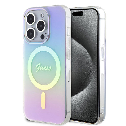 iPhone 15 Pro Kılıf Guess Orjinal Lisanslı M-safe Şarj Özellikli Yazı Logolu Iridescent Kapak